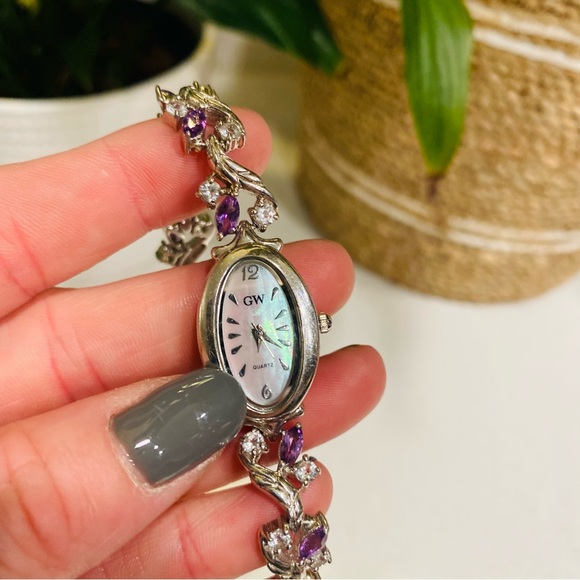 Vintage Gem Watch Sterling Silver Mother Of Pearl Face Amethyst Bracelet 7.5” - Picture 4 of 11